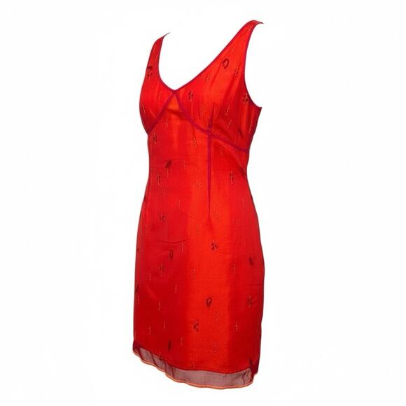Vintage Express Mesh Overlay Beaded Red Bustier Dress Plunge Neck 90s Y2k 14 - Picture 1 of 10